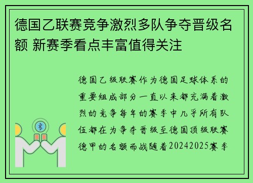 德国乙联赛竞争激烈多队争夺晋级名额 新赛季看点丰富值得关注