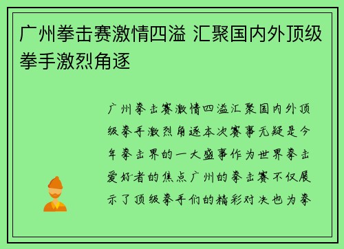 广州拳击赛激情四溢 汇聚国内外顶级拳手激烈角逐