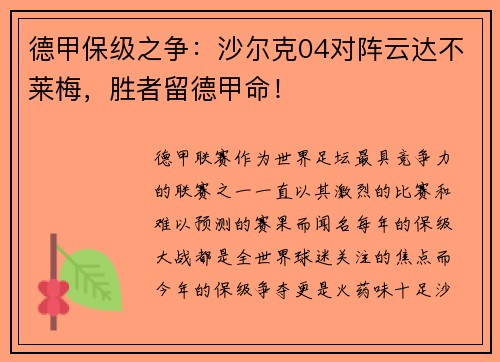 德甲保级之争：沙尔克04对阵云达不莱梅，胜者留德甲命！