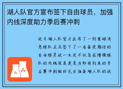 湖人队官方宣布签下自由球员，加强内线深度助力季后赛冲刺
